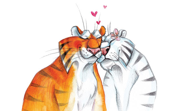 Illustration of two tigers falling in love