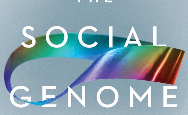 Cover of The Social Genome by Dalton Conley which is a blue background, letter in white, and a colorful ribbon around the text.