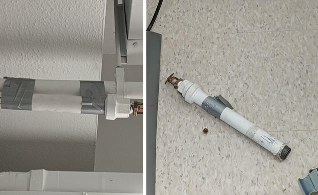 Left, a sprinkler pipe secured with duct tape, and right, a pipe that fell to the floor