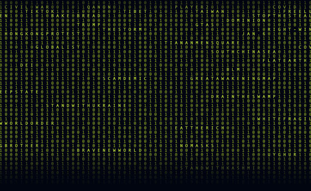 Black screen with retro green computer code with key phrases like cold war and deep state in brither green