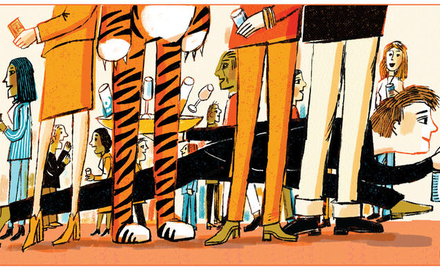 Illustration of a student with a psary botle full of cleaniong solution sneaks througha crowd or alumni at Reunions