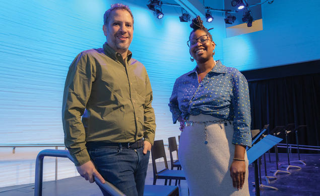 Kareem Fahmy, left, and AriDy Nox take center stage to share details of their environmental works-in-progress on April 21 at the Lewis Center.