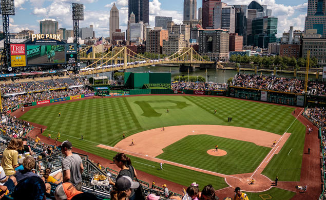 Areal view of PNC Park where the field is in the center and the city buildings are visible in the background.
