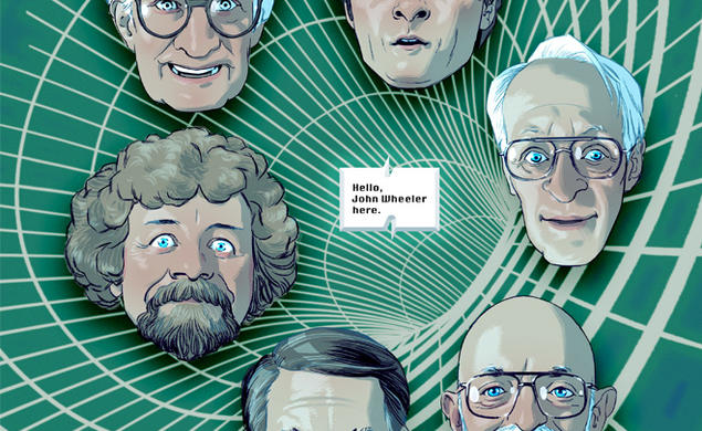 Illustration of six scientists heads floating in a wormhole with a speech bubble that reads, Hello, John Wheeler Here