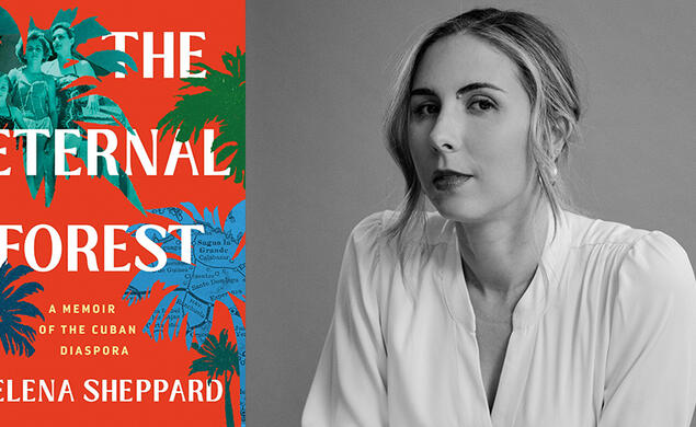 Elena Sheppard ’09 and the cover of her book, The Eternal Forest, illustrated with blue and green palm trees on an orange background.