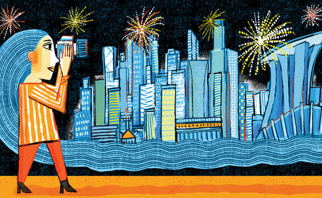 Illustrations of a woman holding a camera taking a photo of downtown Singapore while fireworks explode in the sky