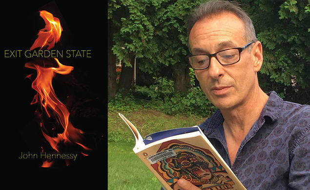 John Hennessy and his book, Exit Garden State, with a photo of fire on the cover.