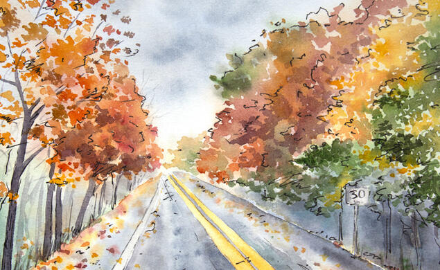 ESSAY_College Road Trip.jpg Watercolor of a road expanding into the horizon with fall trees on either side