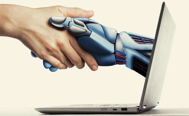 OTC_AI Policy.jpg Illustration of a human hand shaking hand with a cyborg hand coming out of a laptop