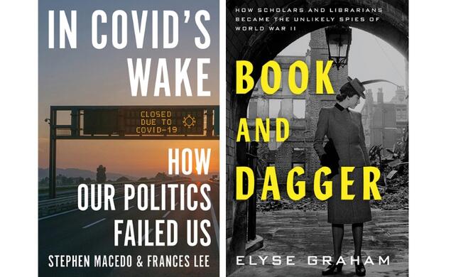 From left, the book jackets of "In Covid's Wake" and "Book and Dagger."