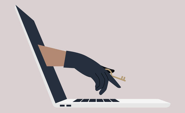 DATA BREACH.jpg illustration of a gloved hand reaching out from a computer screen with a key and reaching for the keyboard