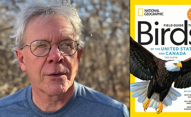 Ted Floyd and the cover of his National Geograph birding guide.