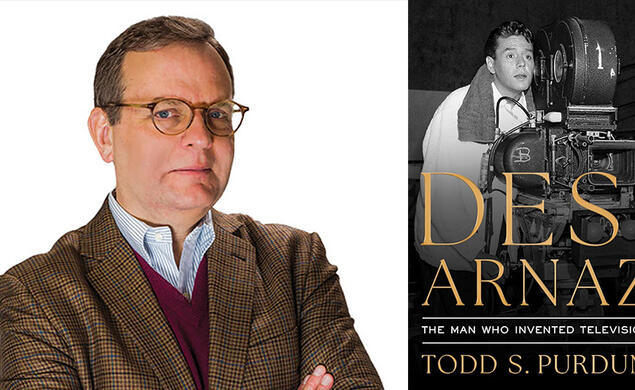 Todd Purdum ’82 and the cover of his book about Desi Arnaz, pictured with an early film camera.