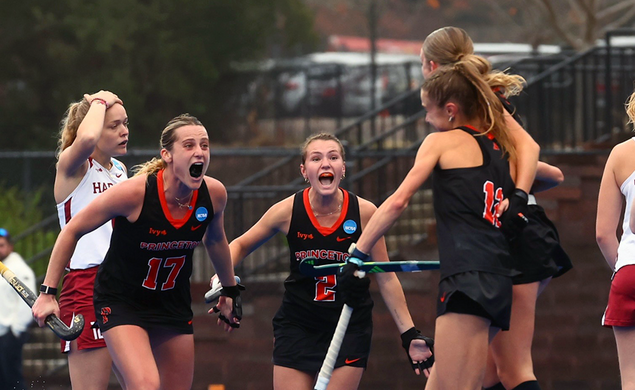 field-hockey-ncaa-vs-harvard.png Field hockey players celebrate a goal