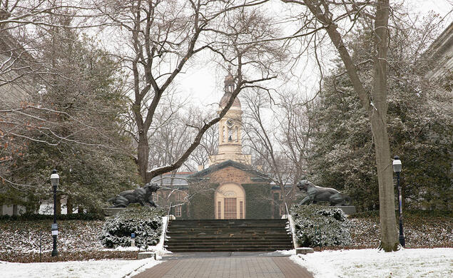 A dusting of snow is on the ground and the tigers flanking a staircase leading to Nassau Hall.