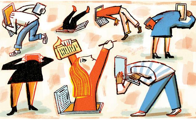 Illustration of students trapped in computer screen, breaking free from computer screens and wrestling with computer screens