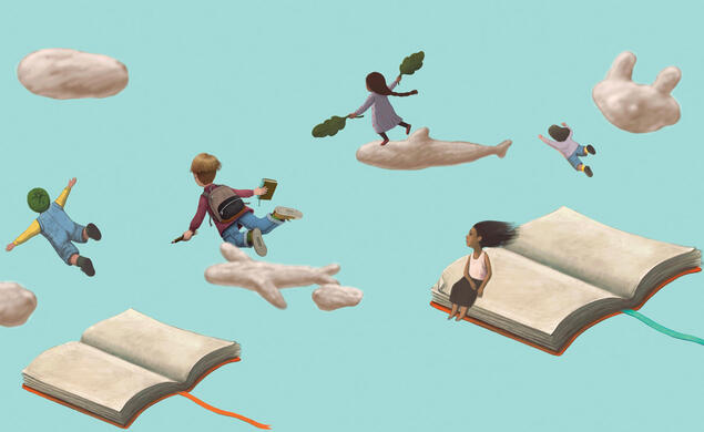 Illustration of children flying through the sky and clouds surrounded by books