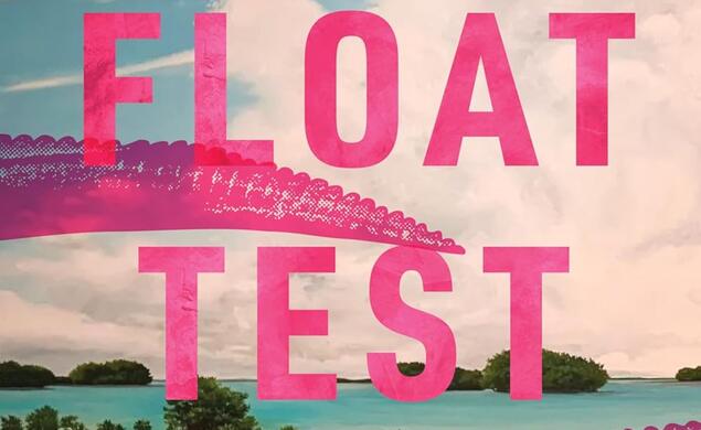 Blue skies and clouds at top and an ocean and island with trees visible in the distance. Pink Alligator tails stick out on the corners.