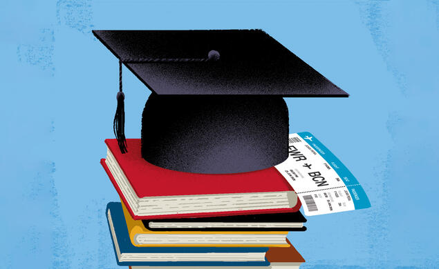 OTC_International Students.jpg illustration of a graduation cap psoed on a stick of books with a plane ticket leaving ghr country acting as a book mark