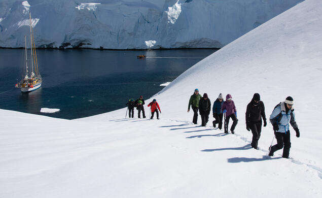 Members of the 60 South traveling party set foot in Antarctica after sailing the Ocean Tramp from Ushuaia, Argentina.