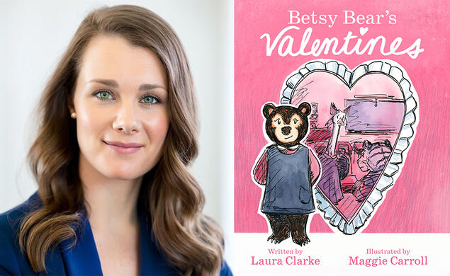 Laura Clarke and the pink cover of her book, featuring an illustration of a heart and a bear.