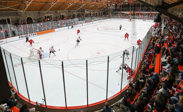 Wide view of a men's ice hockey game at Princeton's Baker Rink 