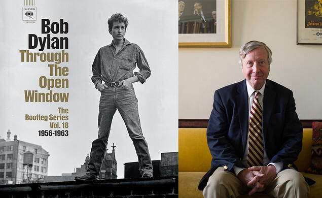Left, Sean Wilentz; right, an album cover featuring a black and white photo of a young Bob Dylan with his hands on his hips.
