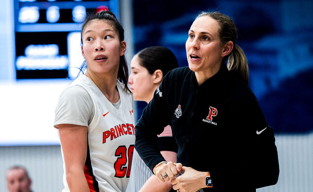 berube_2024.jpg Carla Berube, right, with Kaitlyn Chen on the Princeton sideline at the Ivy Madness tournament in 2024.