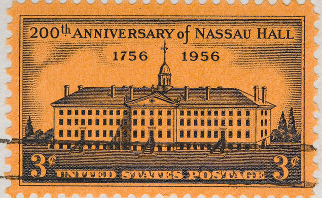 A vintage 1956 stamp featuring Nassau Hall.