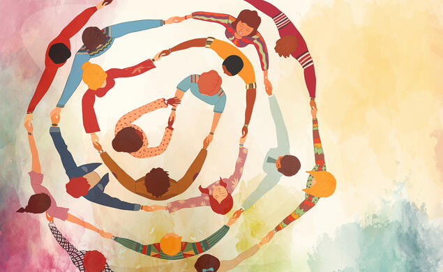 illustration of group of people holding hands and forming a circle