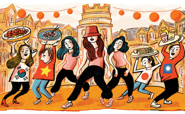 OTC_Student Dispatch Night Market Jun 26.jpg Illustrated street scene with six women walking and dancing through a row of traditional buildings while carrying trays of food and drinks. The group represents different Asian cultures through clothing and symbols, including South Korean, Vietnamese, Japanese, and Taiwanese flags. Dishes shown include skewers, bubble tea, and plated meals. Warm orange and pink tones, hanging lanterns, and playful line art create a lively festival atmosphere.