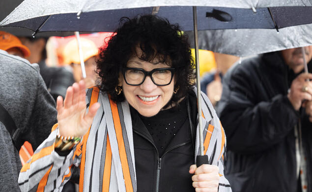 Supreme Court Justice Sonia Sotomayor smiling and waving to camera during the P-radee