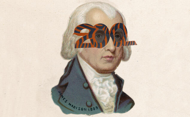 Illustration of James Madison painting with Alumni Association 200 glasses on