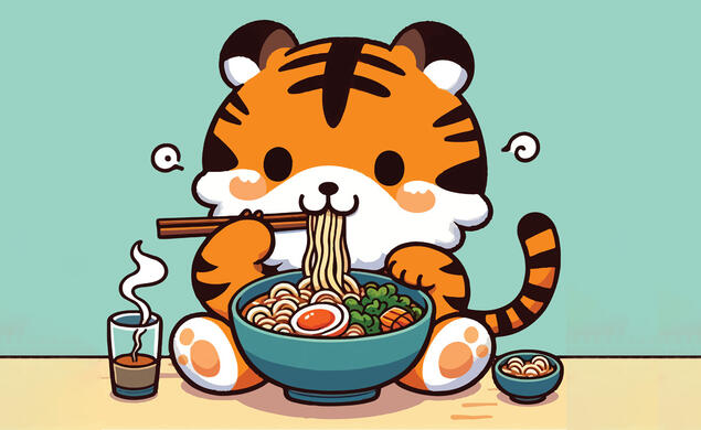 Illustration of cute tiger eating noodles