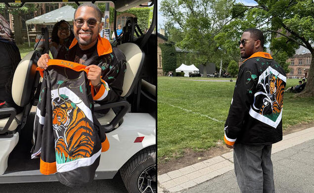 Split image of Zavier Foster riding in a golf cart holding up his jacket (left) and wearing it (right).