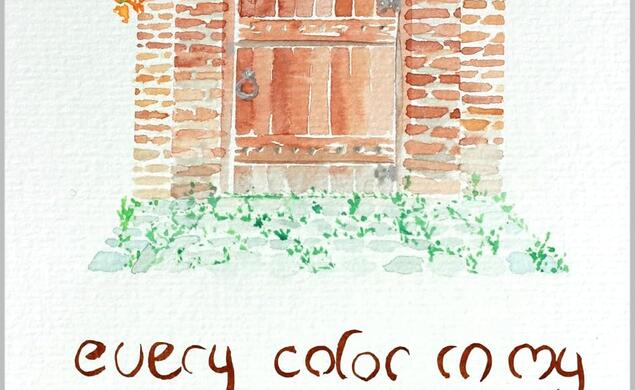 Water color of a wooden door and brick building with greenery around it. 