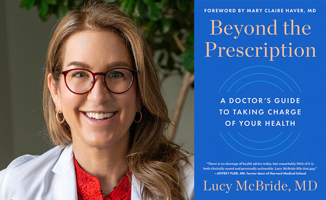 Lucy McBride and the blue cover of her book, Beyond the Prescription.
