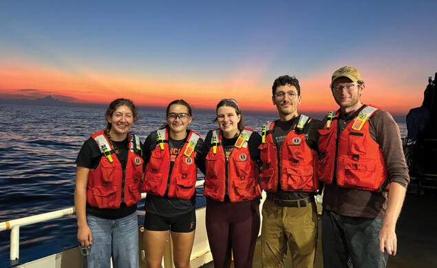 Ottilie Sykes &rsquo;27, second from left, collected seawater samples on a four-week Atlantic research cruise in 2025. She continued her work in the lab this summer.