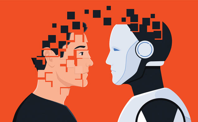 Illustration of a human and a humanoid robot facing each other, with fragmented geometric shapes around their heads suggesting the intersection of human thought and artificial intelligence. The human is shown in warm peach tones, while the robot is rendered in cool white, blue, and dark gray against a bright orange background.