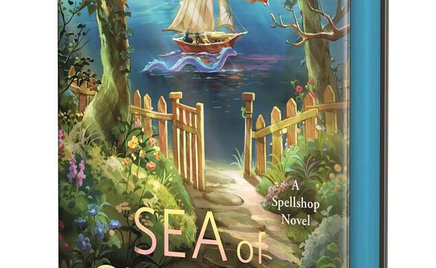 A path with flowers, trees and a wooden fence leading to the water with a ship and sea serpent in the foreground