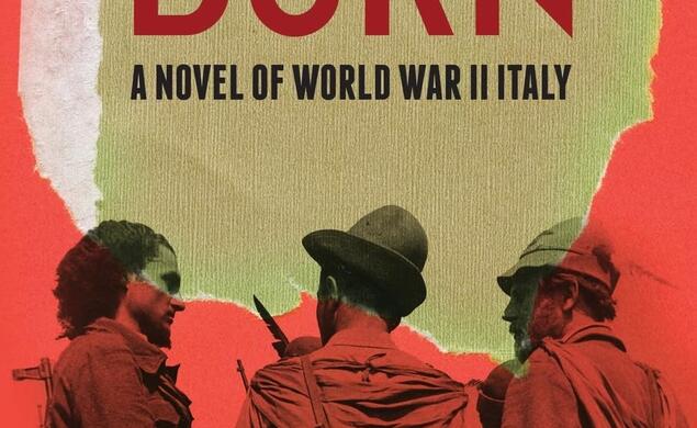 Where-the-Mountains-Burn_Andrew-Novo.jpg Red and brown cover with three met standing together talking to one another