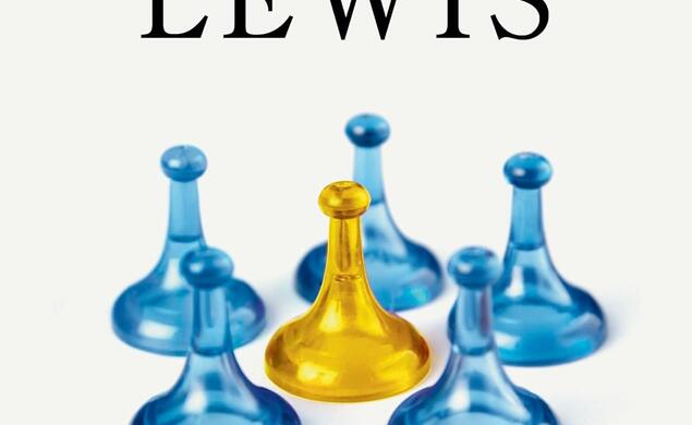 Blockers_Michael-Lewis.jpg Four blue game pieces surround a yellow game piece in the center of the book. The author's name is up top and title of the book is on the bottom.