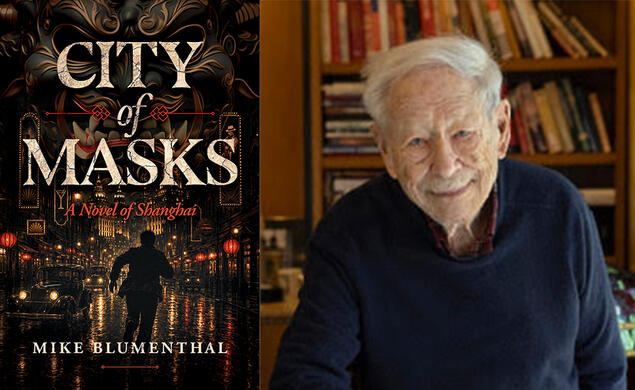Split photo of Michael Blumenthal *53 *56 and the cover of his book, City of Masks