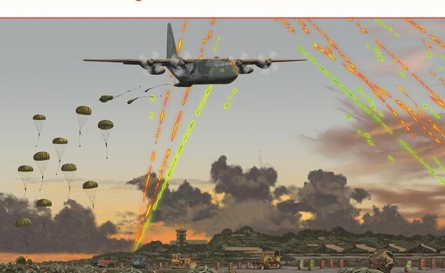 Illustration of a war scene with a fighter plane overhead and armed soldiers in camouflage seen in the grass.