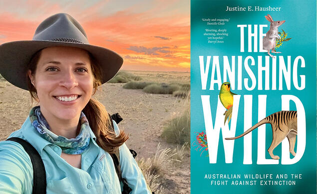 Justine Hausheer wears an Australian wide-brimmed hat in front of a scrubby landscape and orange sunset. The cover of her book is teal with illustrations of Australian animals.