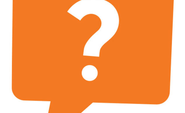 An orange speech bubble with a white question mark inside it.