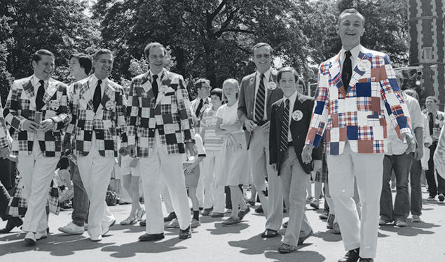 Members of the Class of ’51 march in the 1976 P-rade wearing their red, white, and blue jackets