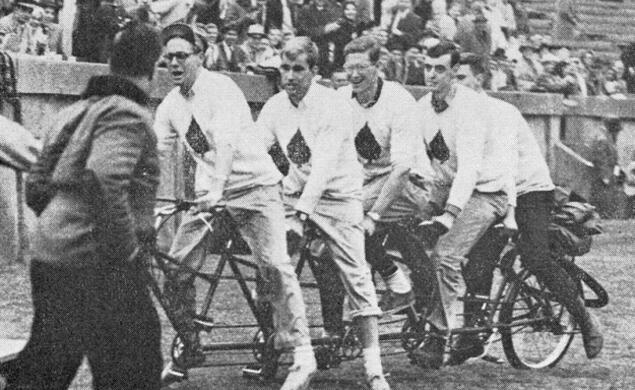 The Ivy five failed in their attempt to cycle to the Yale game, but that didnât stop them from taking a victory lap. (PAW Archives)