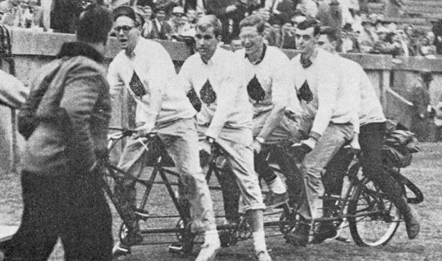 The Ivy five failed in their attempt to cycle to the Yale game, but that didnât stop them from taking a victory lap. (PAW Archives)