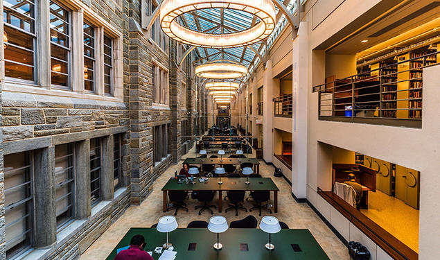 This is a photo of tables and lamps in Firestone Library.